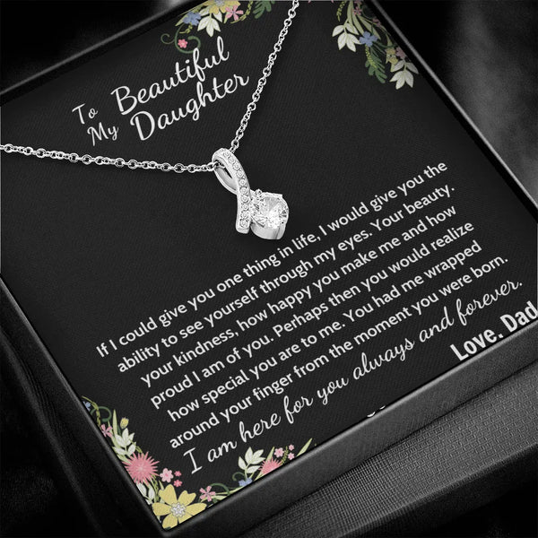 Cubic Zirconia Ribbon Pendant, Daughter Ribbon Necklace from Dad, 14k White Gold Finish Necklace, Birthday Christmas Present 