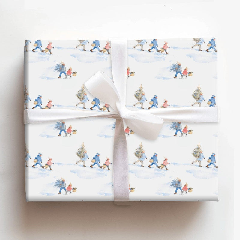 Watercolor Winter Scene Gift Wrap, Carrying Christmas Tree Wrapping Paper, Nostalgic Holiday Wrapping Paper, Festive Gift Wrap Roll