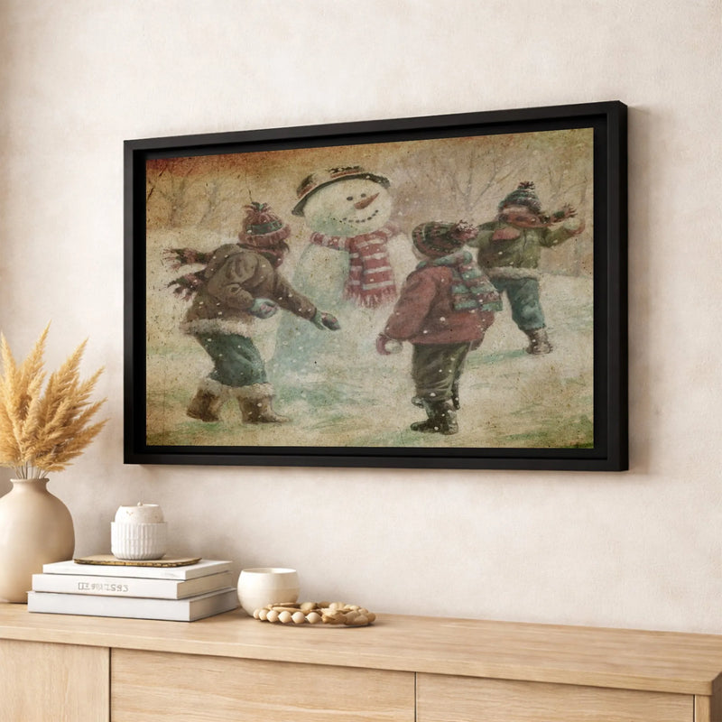 Children Snowball Fight Canvas Print, Vintage Winter Snowman Canvas Wall Art, Nostalgic Christmas Canvas Decor, Holiday Wall Art Present