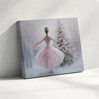 Pink Tutu Dancer Snowy Forest Wall Art, Ballerina Christmas Canvas Art, Holiday Ballerina Canvas Print, Winter Dancer Canvas, Xmas Decor
