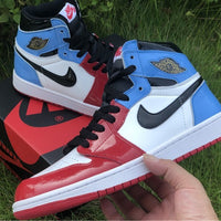 Sneakers, Blue Red Colorway, Patent Leather Footwear, Lace Up Design, Casual Gift for Sneaker Fans