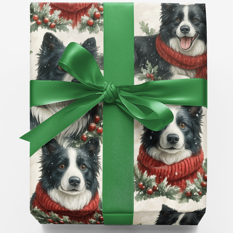 Festive Winter Dog Gift Wrap Roll, Border Collie Christmas Wrapping Paper, Holiday Collie Pet Wrapping Paper, Dog Lover Present Paper