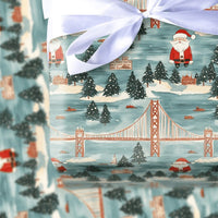 Golden Gate Bridge Gift Wrap, San Francisco Santa Wrapping Paper, Teal Blue City Christmas Wrapping Paper, Festive Winter Holiday Gift Wrap