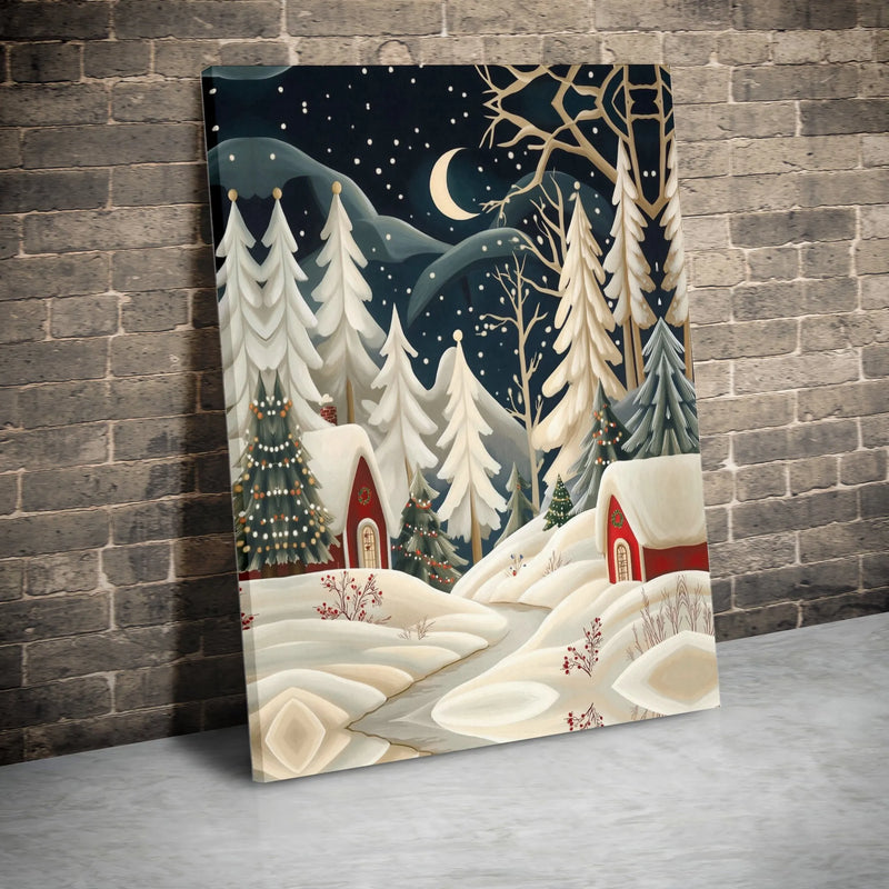 Snowy Winter Forest Canvas, Christmas Village Canvas Wall Art, Comfy Night Landscape Print, Holiday Christmas Canvas, Winter Home Decor Present
