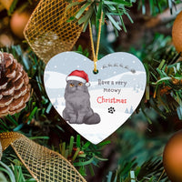 Ceramic Cat Lover Christmas Ornament, Meowy Christmas Gray Cat Heart Ornament, Adorable Pet Holiday Heart Ornament, Kitten Xmas Tree Decor