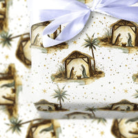Holy Family Christmas Gift Wrap, Nativity Scene Wrapping Paper, Watercolor Religious Holiday Wrapping Paper, Golden Stars Present Paper