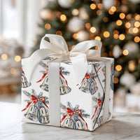 Red Ribbon Christmas Gift Wrap, Vintage Silver Bells Wrapping Paper, Watercolor Holiday Bells Wrapping Paper