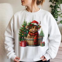 Santa Hat Cow Sweatshirt, Christmas Highland Cow Sweatshirt, Adorable Xmas Cow Crewneck, Festive Holiday Animal Sweater, Winter Present for Her