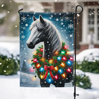 Winter Snow Scene Yard Flag, Horse Christmas Garden Flag, Festive Wreath Double Sided Outdoor Flag, Holiday Equestrian Lawn Decor