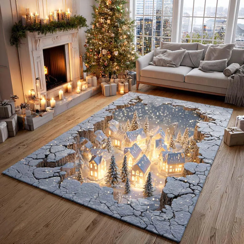 Winter Wonderland Floor Rug, Glowing Christmas Village Area Rug, Holiday Season Accent Rug, Comfy Washable Carpet Living Room Decor