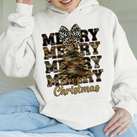 Rustic Leopard Bow Holiday Pullover, Merry Christmas Camo Hoodie, Country Hunting Season Sweatshirt, Adorable Xmas Tree Camouflage Hoodie