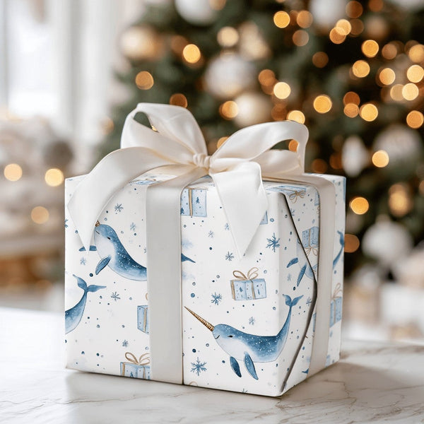 Adorable Narwhal Christmas Gift Wrap, Watercolor Narwhal Wrapping Paper, Winter Wonderland Narwhal Wrapping Paper, Holiday An