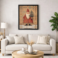 Vintage Christmas Tree Painting, Folk Art Santa Claus Canvas, Rustic Holiday Canvas Wall Art, Winter Farmhouse Wall Decor, Xmas Canvas Art