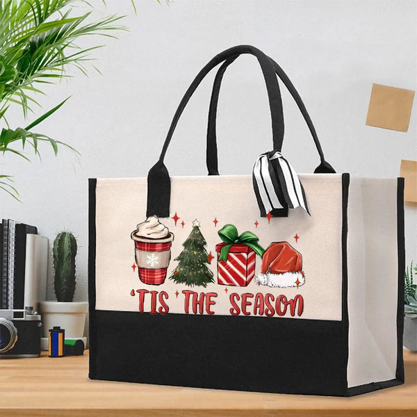 Retro Christmas Canvas Tote, Tis the Season Holiday Tote Bag, Festive Winter Shopping Bag, Holiday Season Reusable Cotton Tot