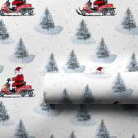 Winter Pine Trees Gift Wrap, Santa Claus on Red Snowmobile Wrapping Paper, Watercolor Christmas Wrapping Paper, Holiday Present Paper
