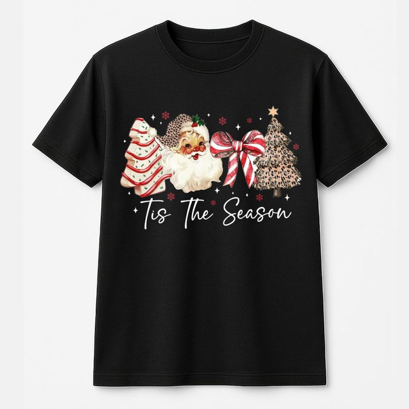 Coquette Bow Holiday Graphic Tee, Retro Santa Leopard Print Christmas Tree T-Shirt, Trendy Western Xmas Shirt, Adorable Festive Present