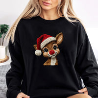 Faux Yarn Knit Holiday Sweater, Reindeer Christmas Sweatshirt, Adorable Reindeer Graphic Crewneck, Comfy Winter Pullover, Xmas Present for Men Women