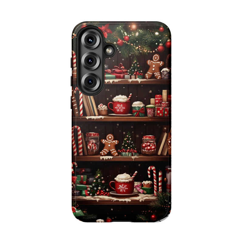 Gingerbread Cocoa Holiday Phone Cover, Christmas Bookshelf Phone Case for Samsung Galaxy, Comfy Bookish Candy Cane Case