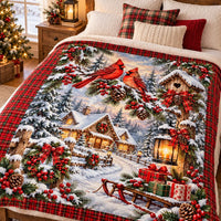 Snowy Cottage Winter Bird Throw Blanket, Red Cardinal Christmas Sherpa Blanket, Plaid Cardinal Fleece Blanket