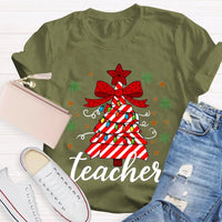 Bow Christmas Tree Colorful Lights Graphic Tee, Teacher Christmas T-Shirt, Festive Holiday Educator Shirt, Xmas Present