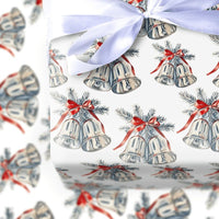Red Ribbon Christmas Gift Wrap, Vintage Silver Bells Wrapping Paper, Watercolor Holiday Bells Wrapping Paper