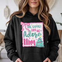 Pink Coquette Christmas Hoodie, Oh Come Let Us Adore Him Hoodie, Retro Christian Holiday Sweatshirt, Adorable Religious Faith Pullover Hoodie