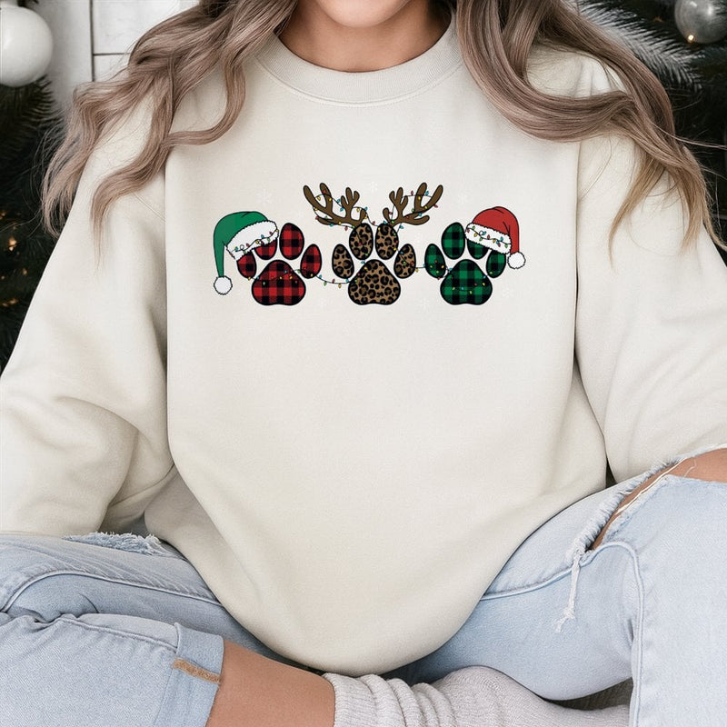 Buffalo Plaid Leopard Dog Lover Sweater, Christmas Dog Paw Sweatshirt, Santa Hat Puppy Holiday Crewneck, Winter Xmas Pullover Present