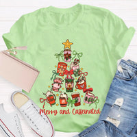 Coffee Christmas Tree Holiday Graphic Tee, Merry and Caffeinated Christmas T-Shirt, Festive Coffee Lover Xmas Shirt