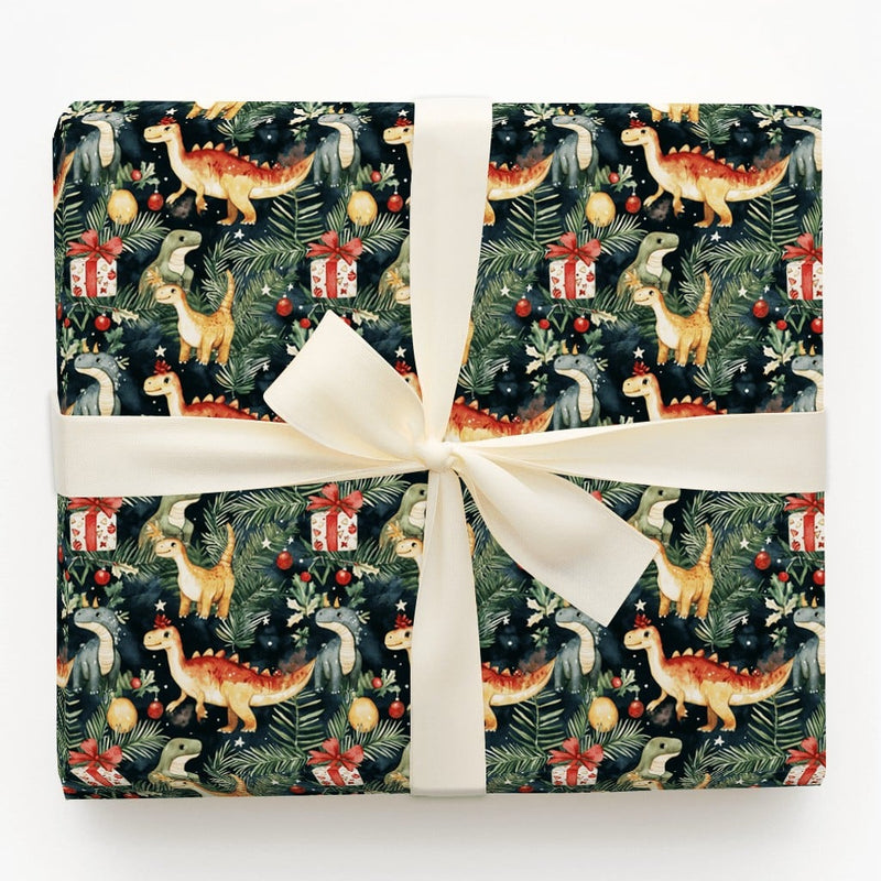 Watercolor Dino Holiday Gift Wrap, Santa Hat Dinosaur Christmas Wrapping Paper, Festive Winter Dinosaur Wrapping Paper, Adorable Kids Gift Wrap