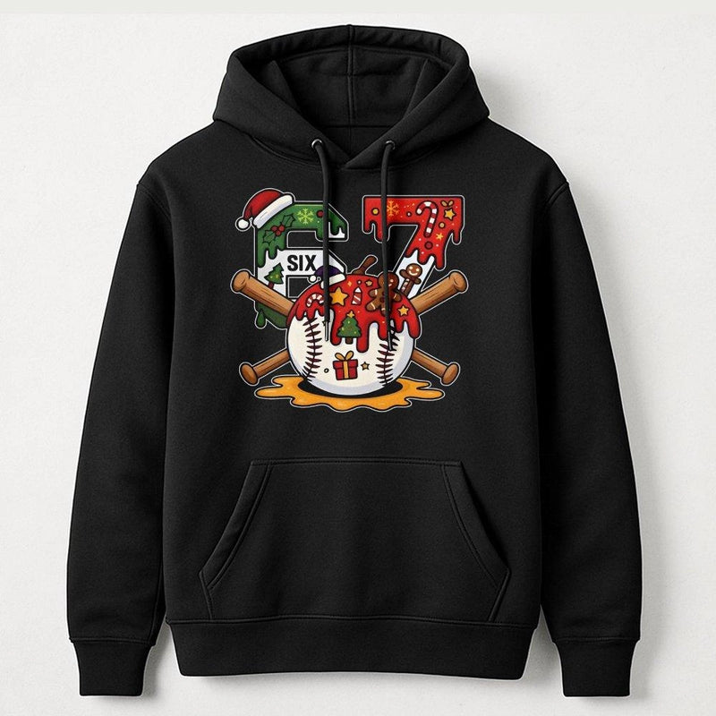 Santa Hat Baseball Player Hoodie, Number 67 Baseball Christmas Hoodie, Festive Holiday Sports Hoodie, Baseball Fan Hooded Sweatshirt Present
