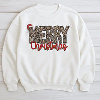 Santa Hat Holiday Sweatshirt, Merry Christmas Leopard Print Sweatshirt, Retro Xmas Leopard Crewneck, Festive Winter Pullover Present