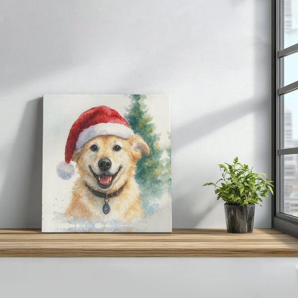Santa Hat Dog Canvas Print, Golden Retriever Christmas Canvas, Watercolor Winter Dog Canvas Wall Art, Holiday Pet Lover Room 