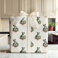 Puppy in Wreath Watercolor Gift Wrap, Schnauzer Dog Christmas Wrapping Paper, Holiday Dog Lover Wrapping Paper Roll, Xmas Present Paper