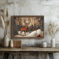 Snowy Christmas Landscape Canvas, Reindeer Winter Forest Wall Art, Rustic Holiday Wall Art, Farmhouse Xmas Print, Digital Download Art