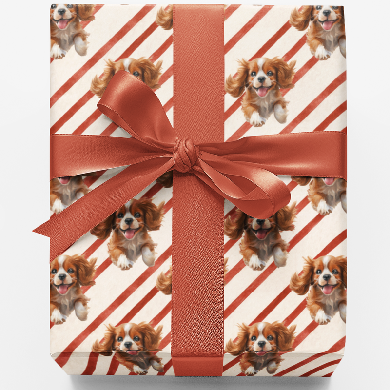 Candy Cane Stripe Wrapping Paper, Cavalier King Charles Spaniel Gift Wrap, Dog Lover Christmas Gift Wrap, Spaniel Holiday Wrapping Paper