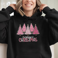 Merry Christmas Leopard Pattern Hoodie, Pink Leopard Christmas Tree Hoodie, Trendy Holiday Sweatshirt, Girly Adorable Xmas Pullover Present
