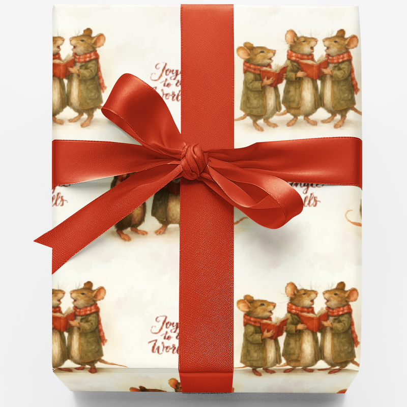Joy to the World Holiday Gift Wrap, Christmas Mice Wrapping Paper, Adorable Watercolor Mice Gift Wrap Roll, Festive Xmas Wrapping Paper Present