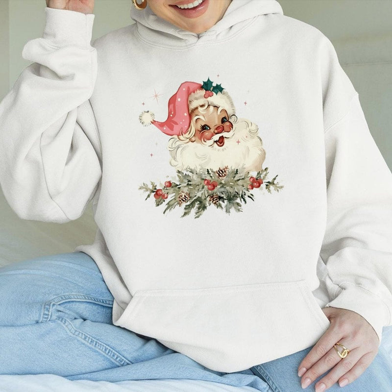 Retro Christmas Graphic Hooded Sweatshirt, Vintage Santa Hoodie, Nostalgic Santa Claus Holiday Pullover, Comfy Winter Xmas Sweater Present