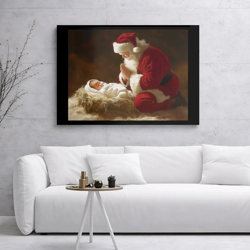 Religious Christmas Wall Art Canvas, Santa Praying Over Baby Jesus Canvas, Christian Holiday Canvas Print, Nativity Scene Home Decor