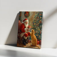 Retro Holiday Painting Canvas Print, Vintage Santa Claus and Cat Canvas Wall Art, Festive Christmas Wall Decor, Comfy Winter Home Present Canvas