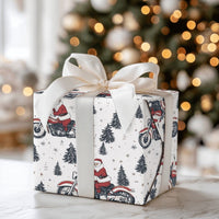 Pine Tree Biker Santa Gift Wrap, Red Motorcycle Santa Wrapping Paper, Festive Motorcycle Christmas Wrapping Paper, Biker Gift Wrap