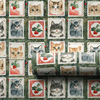 Vintage Pet Holiday Gift Wrap, Christmas Cat Postage Stamp Wrapping Paper, Adorable Watercolor Cat Wrapping Paper, Festive Cat Lover Gift Wrap