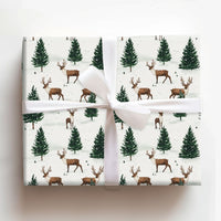 Winter Pine Tree Gift Wrap, Woodland Reindeer Christmas Wrapping Paper, Rustic Reindeer Wrapping Paper Roll, Forest Holiday Wrapping Paper