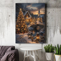 Snowy Church Winter Night Wall Art, Christmas Village Canvas, Christmas Tree Village Print, Holiday Cottage Scene Canvas Art