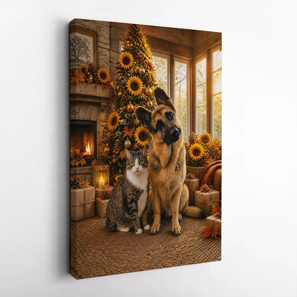 Sunflower Christmas Tree Wall Art, German Shepherd and Tabby Cat Canvas, Comfy Holiday Pet Portrait Canvas, Pet Lover Winter 