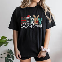 Merry Christmas Graphic Tee, Leopard Plaid Santa Hat Christmas T-Shirt, Festive Buffalo Plaid Shirt, Adorable Holiday Santa Tee, Present for Her