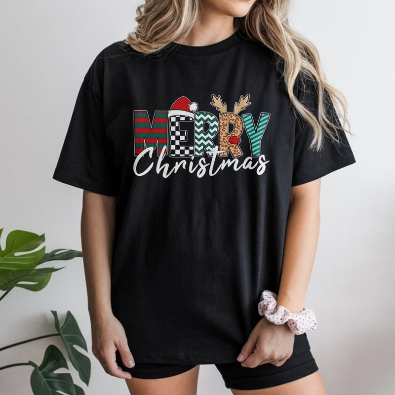 Merry Christmas Graphic Tee, Leopard Plaid Santa Hat Christmas T-Shirt, Festive Buffalo Plaid Shirt, Adorable Holiday Santa Tee, Present for Her