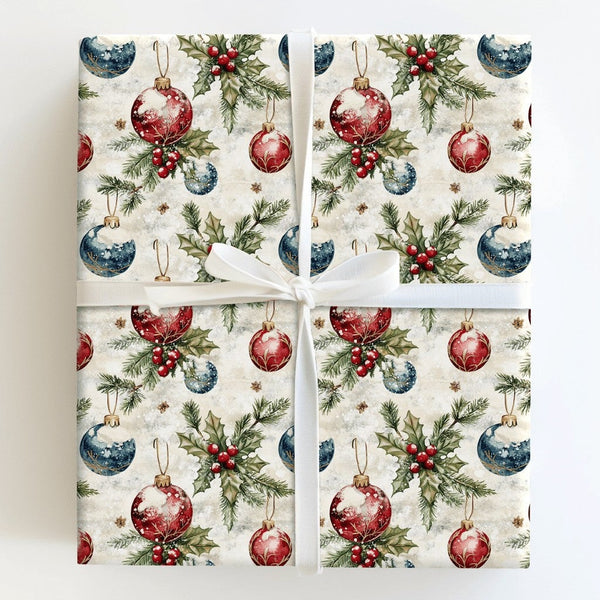 Watercolor Holly Gift Wrap, Vintage Baubles Christmas Wrapping Paper, Holiday Pine Branch Wrapping Paper, Retro Winter Presen