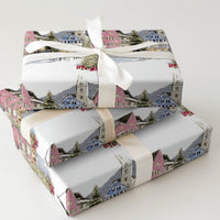 Snowy Town Holiday Gift Wrap, Watercolor European Christmas Village Wrapping Paper, Festive Winter Present Wrap, Christmas Tree Paper Roll