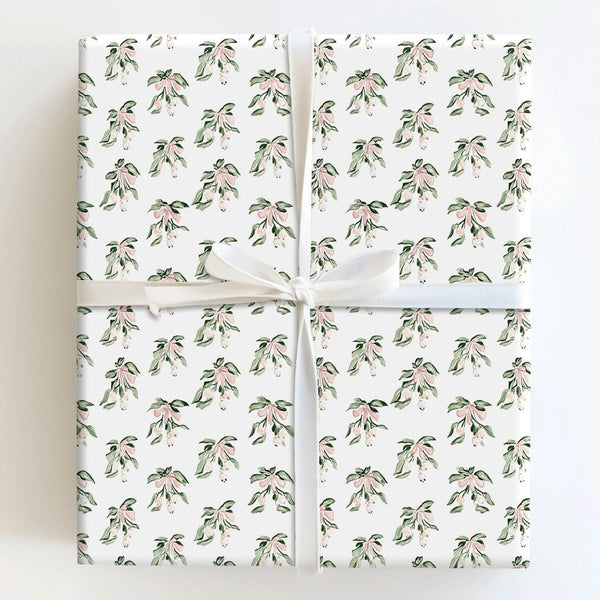 Pink Bow Holiday Gift Wrap, Watercolor Mistletoe Wrapping Paper, Botanical White Berry Wrapping Paper, Elegant Christmas Wint